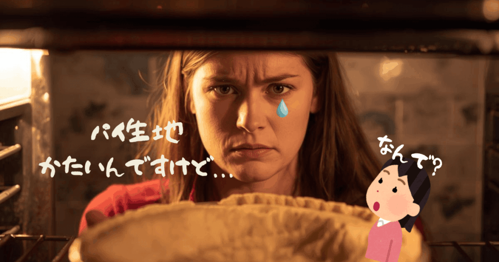 固く焼けたパイ生地で涙している女性